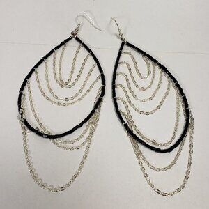 Women's Silver tone Dangling Chain - Black Beaded Hoop Fishhook Drop Earrings